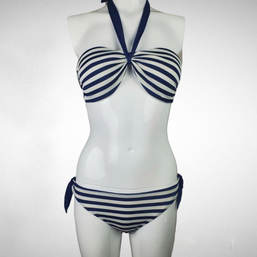 Navy Blue White Striped Halter Bandeau Bikini Set Two‎ Piece Swimsuit Womens